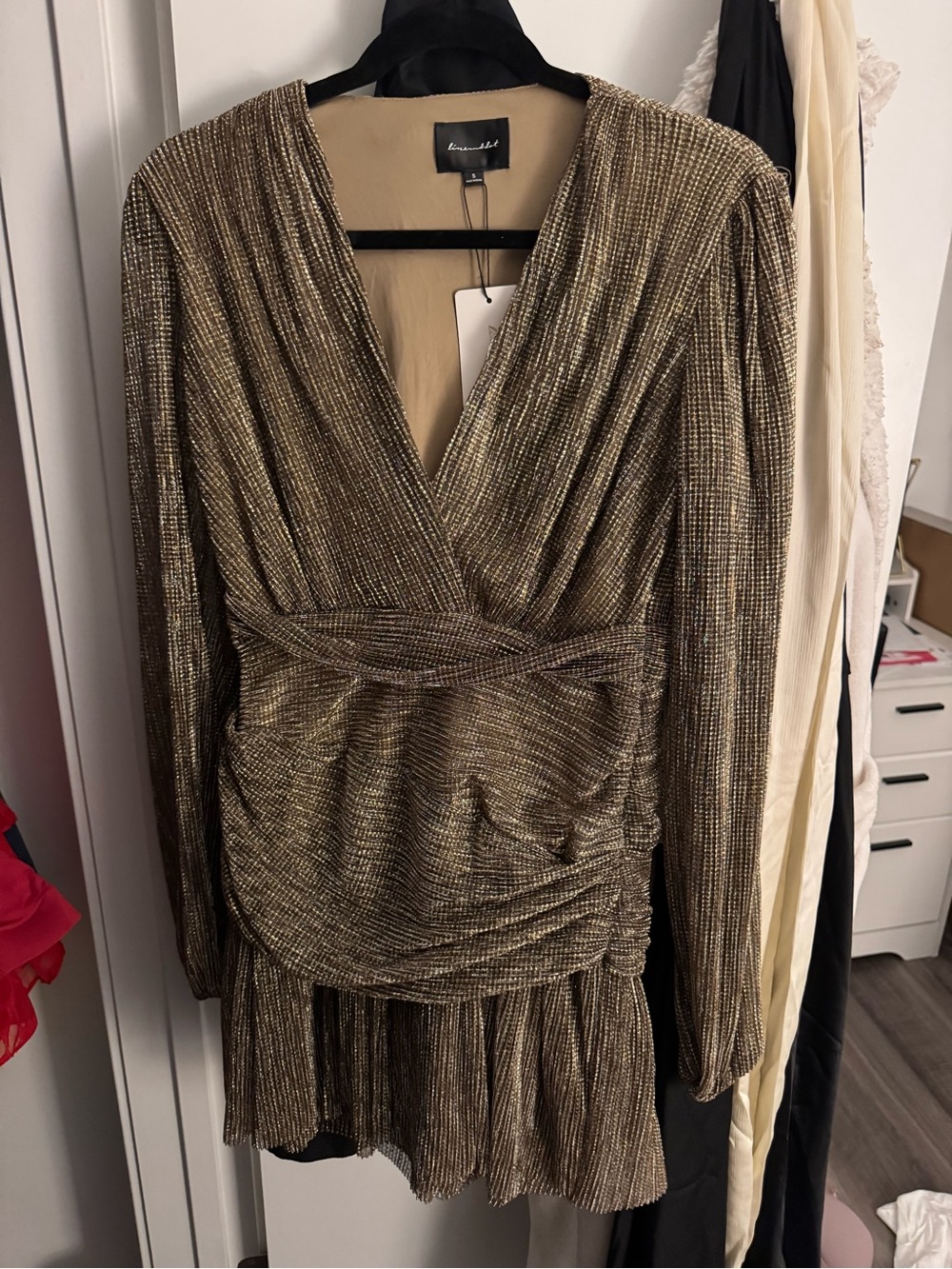 Line & Dot Jolie Metallic Gold Wrap Mini Dress-Size Small - Picture 3 of 3